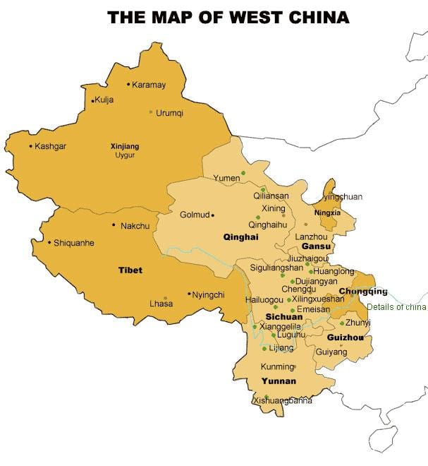 नक्शे के साथ पश्चिम चीन