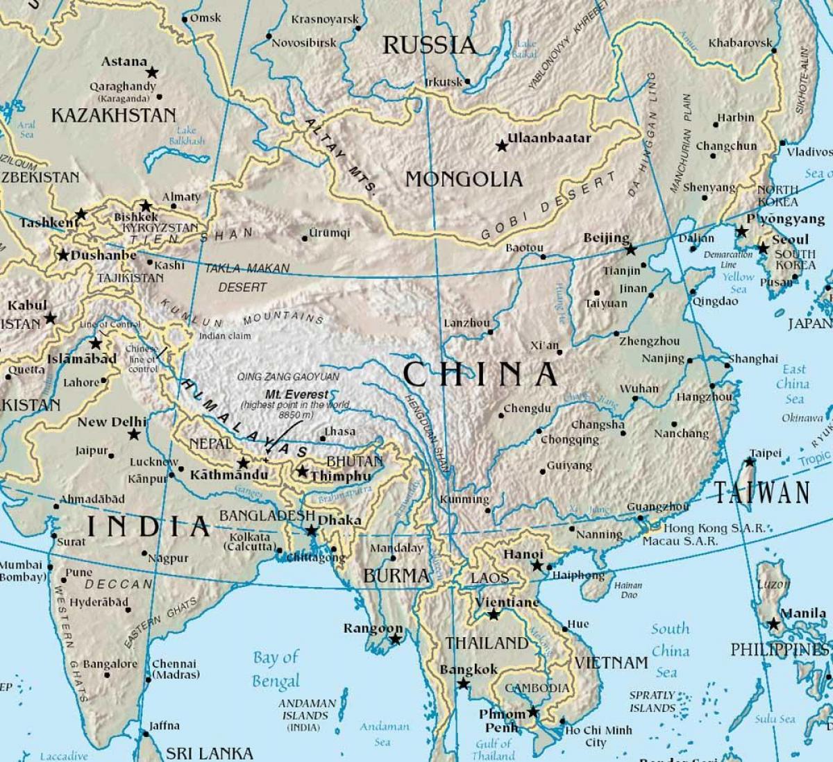 चीन के नक्शे के साथ पहाड़ों